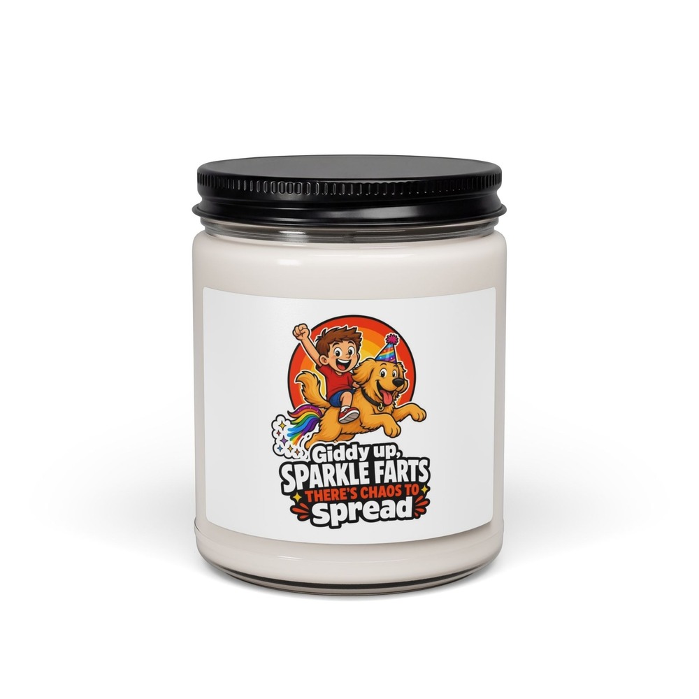 Three Dog Acres Giddy Up Sparkle Farts 9oz Soy Jar Candle Boy Riding Dog Unicorn